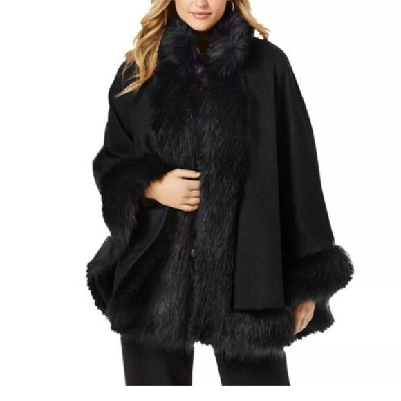 NWT Jessica London BLK Faux Fur Trim Wool Blend Cape Coat Plus Sz 26/28 Classic - Picture 1 of 11